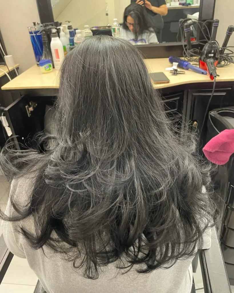 Korean style long hair haircut blowout