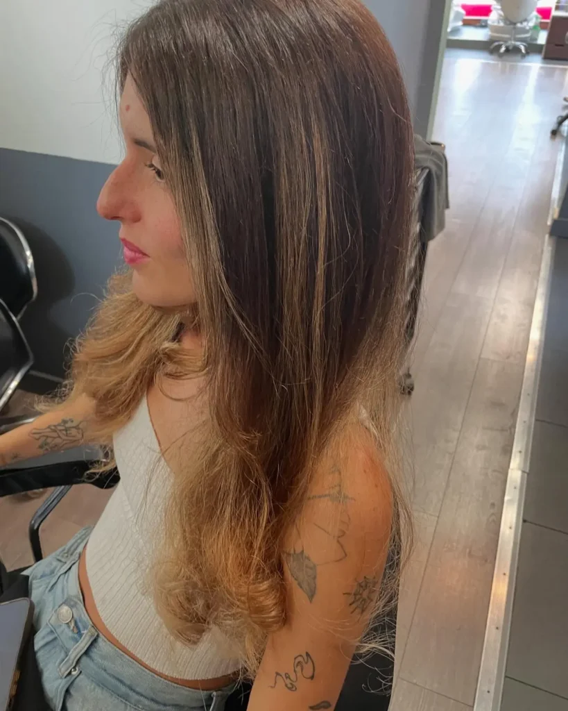 Ombre hair color seen from the left side, showing a smooth dark-to-light gradient