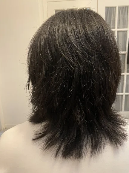 Wolf cut with shaved sides seen from the back, showing choppy layered length and sharp contrast