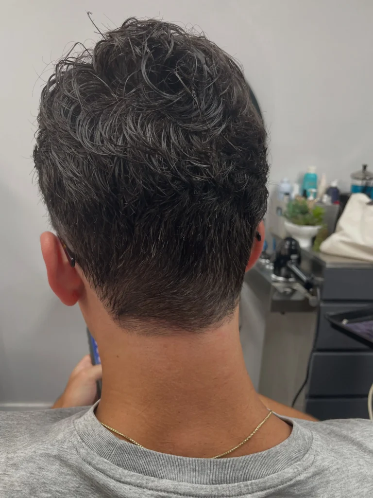 Back view of a Korean two-block haircut with textured length on top and clean tapered sides