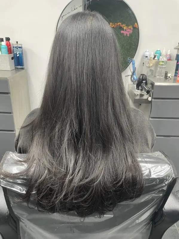 Back view of a butterfly haircut with long blended layers on dark hair